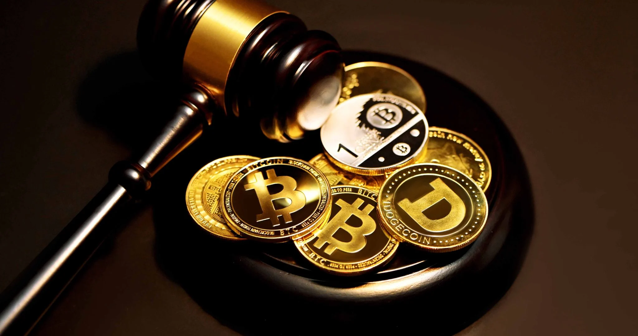 A gavel resting on cryptocurrency coins. Source: Kanchanara / Unsplash